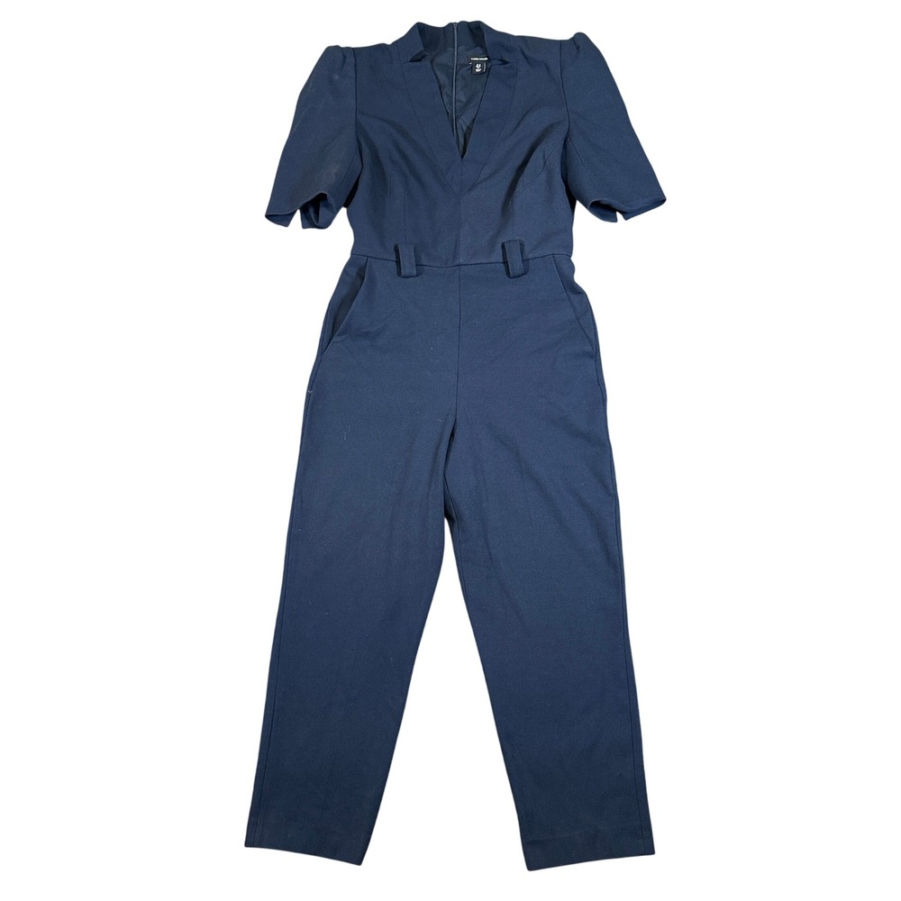 Karen Millen Navy Blue Tailored V-Neck Puff Shoulder Jumpsuit US 6